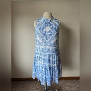 Calvin Klein Blue Mosaic Paisley Mock Neck Tiered Shift Dress Womens Size 10.
